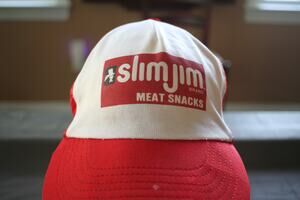 Vintage Slim Jim Meat Snacks Promo Trucker Hat Red White Snapback Cap